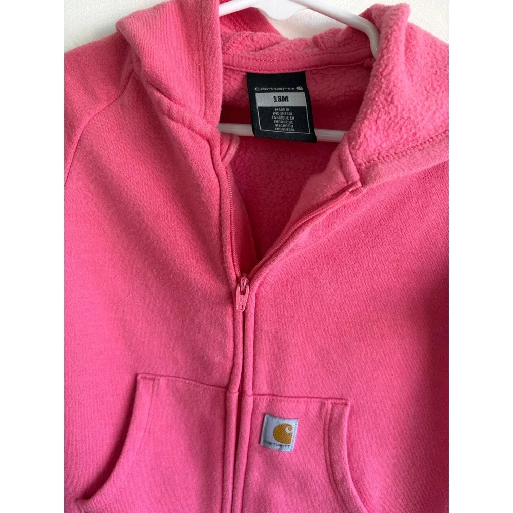 Carhartt Kids Pink Fleece Hooded Zip Front Coverall Jumpsuit 18M Logo Sleeve